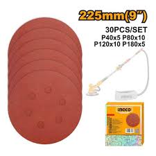 Ingco 30-Piece Professional 225mm (9 Inch) Assorted Grit Random Orbital Sanding Disc Set - Heavy-Duty Hook & Loop Sandpaper Sheets for Drywall Sanders (AKRS225030)