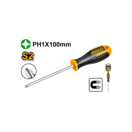 Ingco PH1 x 100mm Professional Industrial Philips Screwdriver – Heavy-Duty Magnetic Chrome-Vanadium Tip Cross-Head Fastening Tool with Ergonomic Grip (HS68PH1100)