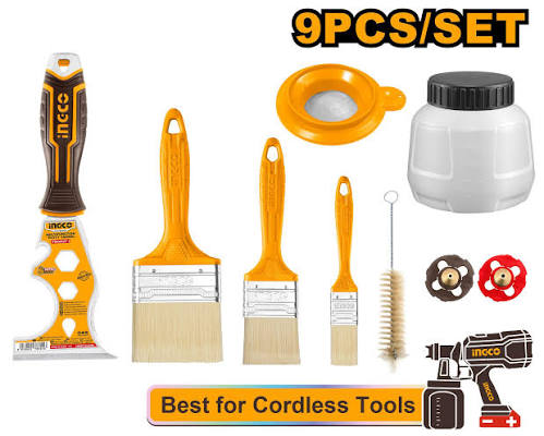 INGCO 9-Piece Paint Sprayer Tool & Accessories Maintenance Kit (Accessoires pour Pistolet à Peinture) – 1.0mm & 1.8mm Solid Copper Nozzles, Viscosity Sieve, Wire Cleaning Brush, Multi-Function Putty Scraper, Paint Can, and Detail Brushes (AMGF0702)