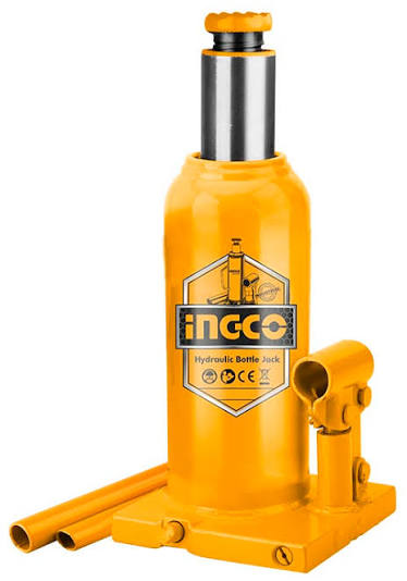 INGCO 2-Ton Compact Hydraulic Bottle Jack – Built-In Overload Safety Valve, 181mm Minimum Clearance, 345mm Max Lifting Height, and Heavy-Duty Steel Base (HBJ202)