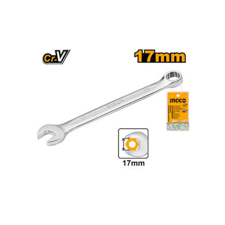INGCO 17mm Combination Spanner – Premium Chrome Vanadium Steel, Anti-Slip Matte Chrome Finish, and High-Torque Dual-End Open & Ring Wrench (HCSPA171)