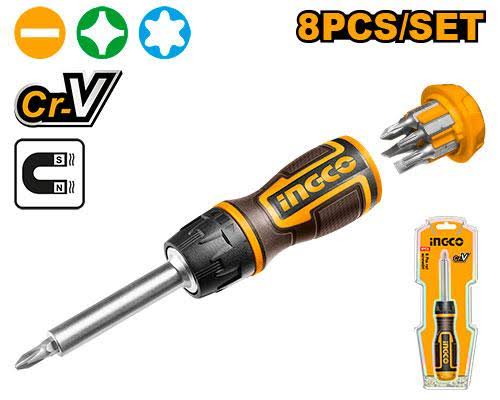 INGCO 8-Piece Ratchet Screwdriver Set – Industrial Cr-V Steel Bits (SL5, SL6, PH1–3, T15, T20), New Design High-Torque Ratchet Handle, and Compact Half Double Blister Pack (AKISD0808)