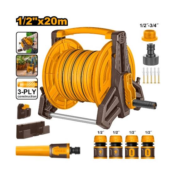 INGCO 20m (1/2") Garden Hose Reel Set – Wall-Mountable Aluminum & PP Frame, Foldable Winding Handle, 3-Ply PVC Hose, Quick Connectors, and Adjustable Spray Nozzle (HHR20124)