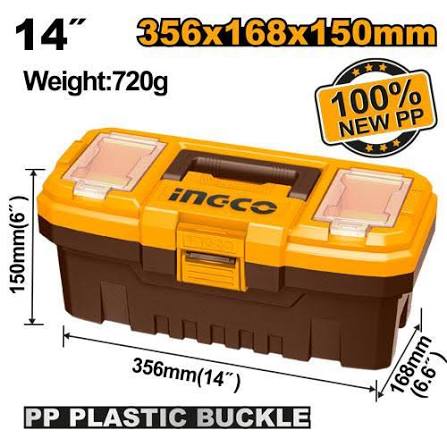INGCO 14" (356mm) Portable Plastic Tool Box with Heavy-Duty Metal Latch (Boîte à Outils Plastique) – Durable Polypropylene Body, 10kg Load Capacity, Top Organizer Trays with Ruler Scale, and Removable Inner Tote Tray (PBX1402)