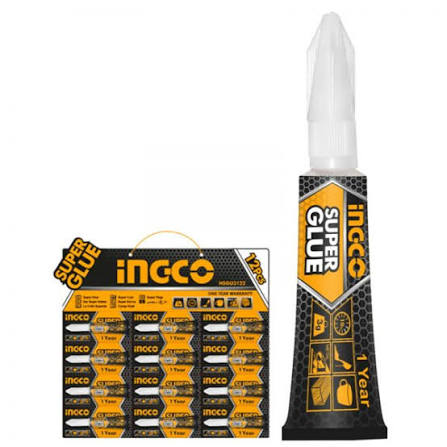 INGCO 12-Piece Fast-Curing 3g Super Glue Set (Colle Cyanoacrylate Rapid) – 100% Purity Cyanoacrylate, 10-Second Quick Cure, Clear Finish, 3-Part Clog-Resistant Precision Cap, and Multi-Material Bonding (HSGU3122)