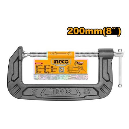 INGCO 8" Heavy-Duty Malleable Cast Iron G-Clamp / C-Clamp (Serre-Joint en C) – Threaded T-Bar Lever, Swivel Pad, High-Clamping Force, and Black Finish (HGC0108)