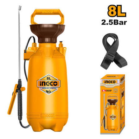 INGCO 8L Manual Pressure Sprayer (Pulvérisateur à Pression Préalable) – 2.5 Bar Working Pressure, Stainless Steel Lance & Nozzle, Aluminum Pump Lever, Safety Relief Valve, and 1.2m Hose (HSPP30802)