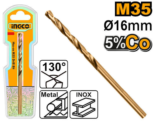 Ingco 16mm Professional M35 Cobalt HSS-Co Twist Drill Bit - Heavy-Duty Industrial Metal Drilling Bit for Stainless Steel and Hardened Iron (DBT01130161)