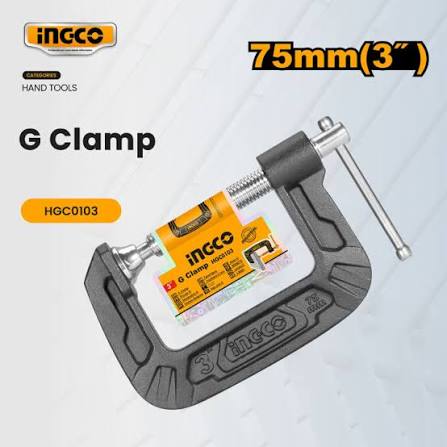 INGCO 3" / 75mm Heavy-Duty Cast Iron G-Clamp (Serre-Joint en G / C-Clamp) – Malleable Cast Iron Body, High-Torque T-Shaped Threaded Screw, and Swivel Pad (HGC0103)
