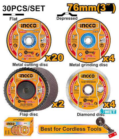 Ingco 76mm (3 Inch) 30-Piece Cutting and Grinding Disc Set – Multi-Material Abrasive, Flap, and Diamond Blade Accessory Kit for Cordless Mini Angle Grinders (MCD07630)