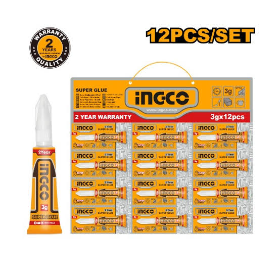 INGCO 12-Piece Fast-Curing 3g Super Glue Set (Colle Cyanoacrylate Rapid) – 100% Purity Cyanoacrylate, 10-Second Quick Cure, Clear Finish, 3-Part Clog-Resistant Precision Cap, and Multi-Material Bonding (HSGU3122)