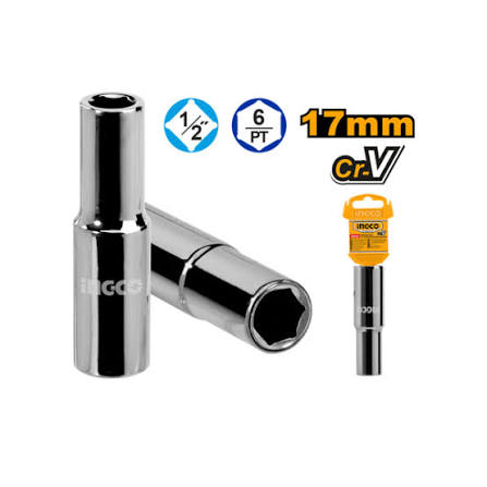 Ingco 1/2" Drive Deep Wall Metric Hexagonal Socket (17mm) | Chrome-Vanadium Steel Impact-Resistant Mechanic Socket (HHAST12173L)