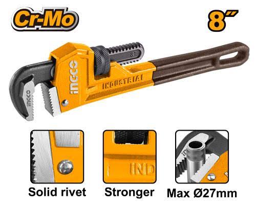 INGCO 8" (200mm) Heavy-Duty Pipe Wrench – Ductile Cast Iron Body, Forged Cr-Mo Mobile Jaw, 27mm Max Clamping Diameter, and Solid Rivet Assembly (HPW0808)