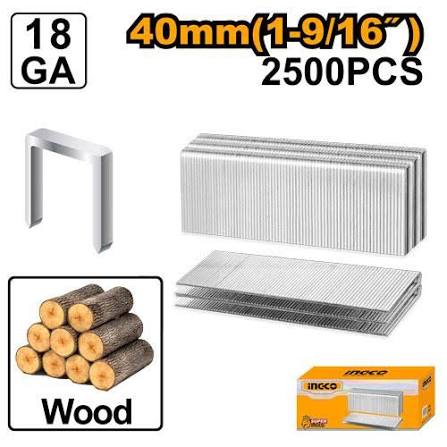 Ingco 40mm 18-Gauge Narrow Crown Staples - 2500-Piece Heavy-Duty Galvanized Steel Fastener Set for Pneumatic and Cordless Staplers (AST18401)