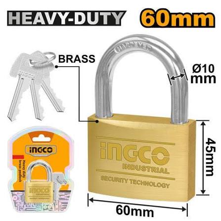 INGCO 60mm Heavy-Duty Solid Brass Padlock (Cadenas en Laiton) – Hardened Steel Shackle, Dual-Locking Mechanism, 385g Solid Body Weight, and 3 Brass Keys (DBPL0602)