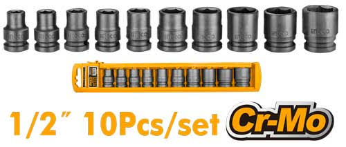 Ingco 10-Piece 1/2-Inch Drive Professional Standard Impact Socket Set – Heavy-Duty 40mm Shallow Chrome-Molybdenum Steel Metric Socket Kit Ranging from 10mm to 24mm (HKISSD12101)