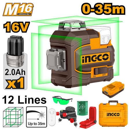 INGCO 16V Cordless 3D Self-Leveling Green Line Laser Level 0–35m (Niveau Laser 3D à Batterie) – 1x 360° Horizontal & 2x 360° Vertical Beams, Remote Control, Stand Accessories, and Carry Case (HLL301201)