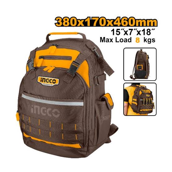 INGCO 1680D Heavy-Duty Professional Tool Backpack (Sac à Dos Porte-Outils) – 380 x 170 x 460mm, Rigid Stay-Open Frame, 8kg Max Load, Multi-Pocket Organization, and Padded Shoulder Support (HBP01028)