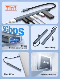 LDNIO DS-87C | 7-in-1 Premium Aluminum Type-C Multi-Function Docking Station (14cm Cable) | 1x USB 3.0 + 4x Type-C + 2x USB 2.0 High-Speed Data Hub
