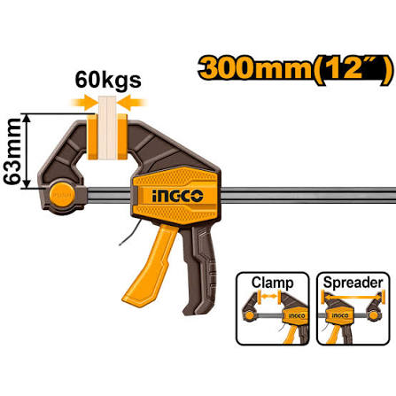 INGCO 12" (300mm) Quick Release Bar Clamp – 60kg Clamping Force, 63mm Throat Depth, 5x18mm Steel Rail, One-Handed Trigger Ratchet, and Non-Marring Jaw Pads (HQBC01602)