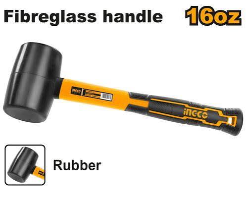 INGCO 16oz / 450g Heavy-Duty Rubber Mallet Hammer – Non-Marring Solid Black Rubber Head, High-Strength Fiberglass Handle, and Non-Slip Rubberized Ergonomic Grip (HRUH8216)