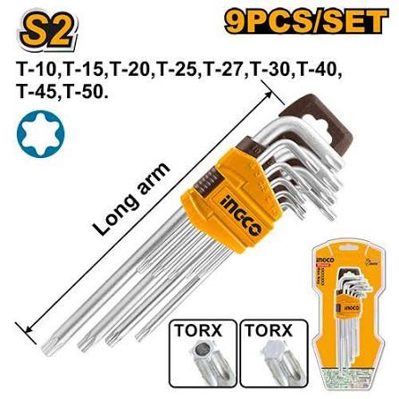 INGCO 9-Piece Long-Arm Torx Key Set – Premium Heat-Treated S2 Alloy Steel, Industrial Chrome-Plated Finish, and T10 to T50 Star Wrench Selection (HHK13091)