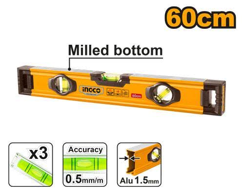 INGCO 60cm Professional Aluminum Spirit Level – High-Precision 0.5mm/m Acrylic Vials, Dual-Milled Flat Measuring Surfaces, and Shock-Absorbing Rubber End Caps (HSL08060)