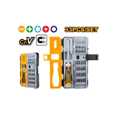 INGCO 33-Piece Industrial Screwdriver & Socket Set – High-Torque 7-in-1 Ratchet Handle, 20 Steel Driver Bits, 9 Metric Sockets, and Magnetic Bit Extensions (HKSDB0338)