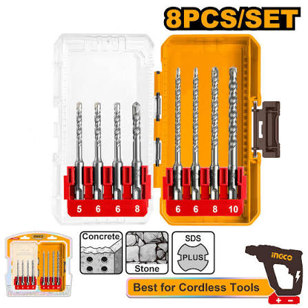 Ingco 8-Piece Professional SDS-Plus Hammer Drill Bits and Chisel Set - Heavy-Duty Tungsten Carbide Tipped Rotary Hammer Kit for Concrete, Brick, and Masonry (AKDL11806)