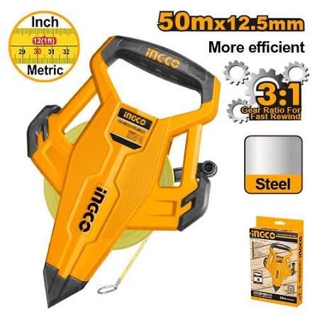 INGCO 50m x 12.5mm Long Steel Frame Measuring Tape (Mètre Ruban en Acier 50m) – 3:1 Fast Rewind Gear Ratio, Dual Metric & Inch Markings, All-Rubber Protective Cover, and Ergonomic Crank Handle (HSMT8550)