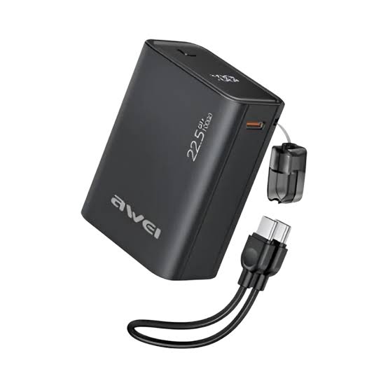 Awei PB086 10,000mAh Power Bank with Detachable Cable - Black