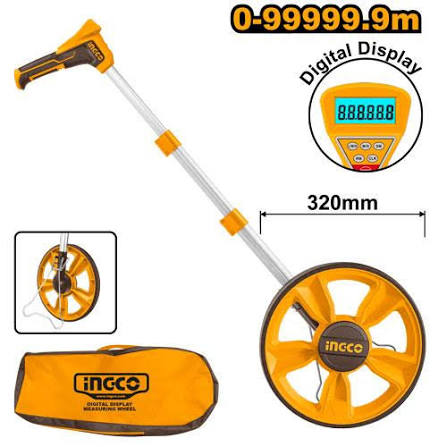 INGCO 320mm Electronic Digital Display Measuring Wheel (Roue de Mesure Électronique) – 0–99,999.9m Range, Dual Metric/Imperial Units, Memory Storage, Foldable Stand, and Telescopic Shaft (HDMW23)