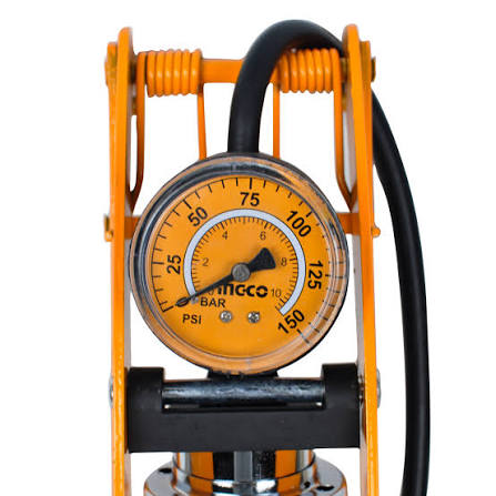 Ingco 150 PSI High-Pressure Heavy-Duty Foot Pump – Compact Manual Tire Inflator with Integrated Dual-Unit Pressure Gauge, Durable Steel Cylinder, and Multi-Valve Smart Head (MPP5511)