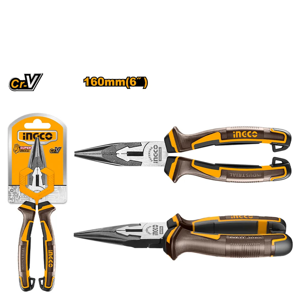 INGCO 6" (160mm) Long Nose Pliers – Industrial Cr-V Steel, High-Frequency Hardened Jaws, Integrated Wire Cutter, and Two-Tone Ergonomic Soft Grip (HLNP28168)