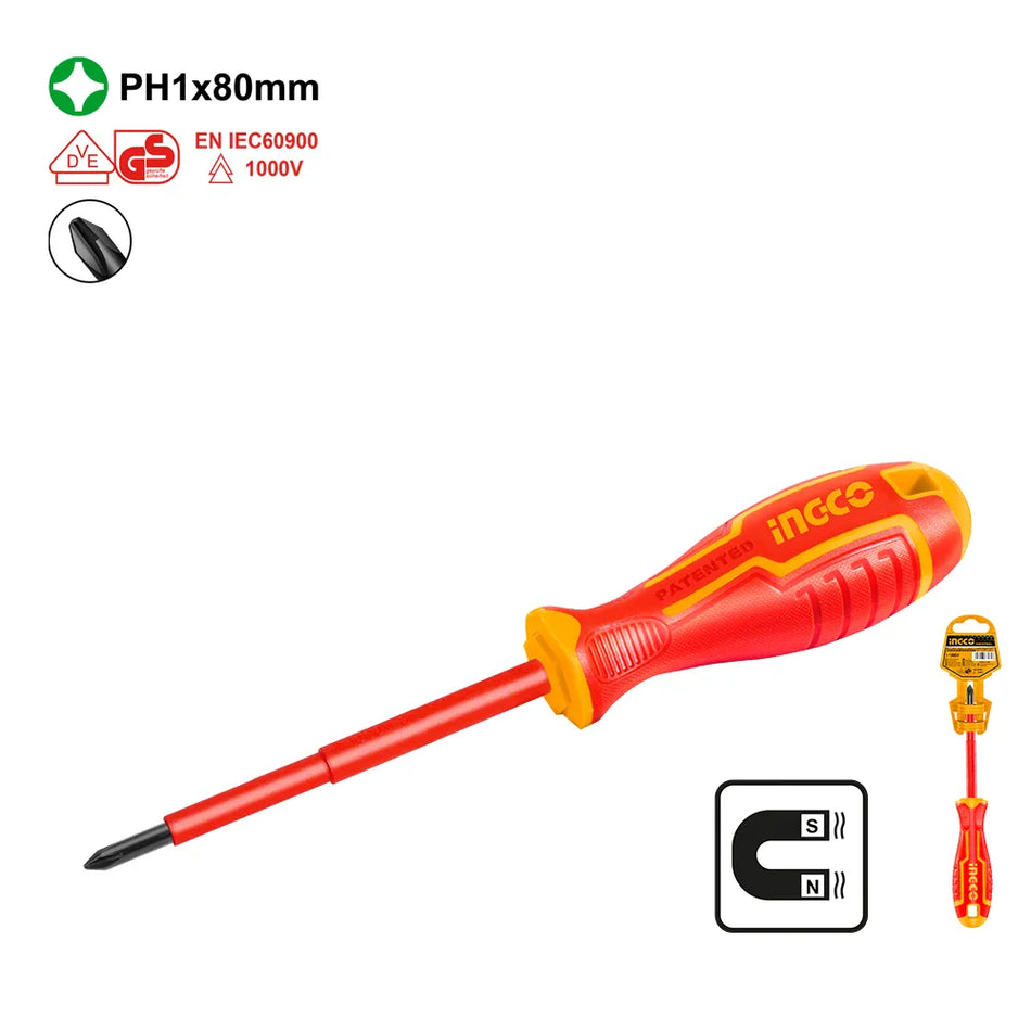 Ingco 1000V Insulated PH1 Phillips Screwdriver | Heavy-Duty 80mm VDE Certified Cr-V Shank Magnetic Tip Electrical Screwdriver (HISD81PH180)