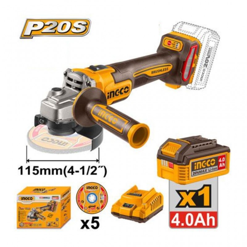 Ingco 20V Industrial Brushless 115mm Cordless Angle Grinder Kit (CAGLI261521) – 3-Speed 900W High-Performance Power Cutter & Grinder with 4.0Ah Battery, Smart Safety Lock & Accessories