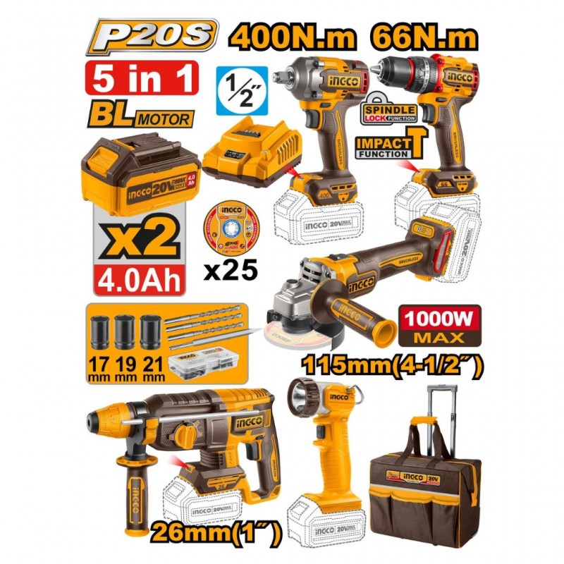 INGCO 5-Piece Cordless Industrial Combo Kit (CKLI2059) – Includes Drill/Driver, Impact Driver, Angle Grinder, Rotary Hammer, and Work Light, P20S Lithium-Ion System, Built for Maximum Durability and Versatility in Demanding Environments.