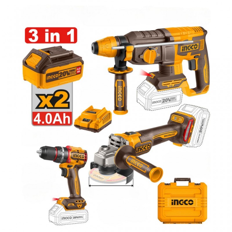 INGCO 3-in-1 Cordless Combo Kit (COSLI241198) – Includes Drill/Driver, Impact Driver, and Angle Grinder, P20S Lithium-Ion System, Ergonomic Design for Versatile Construction and Maintenance Applications.