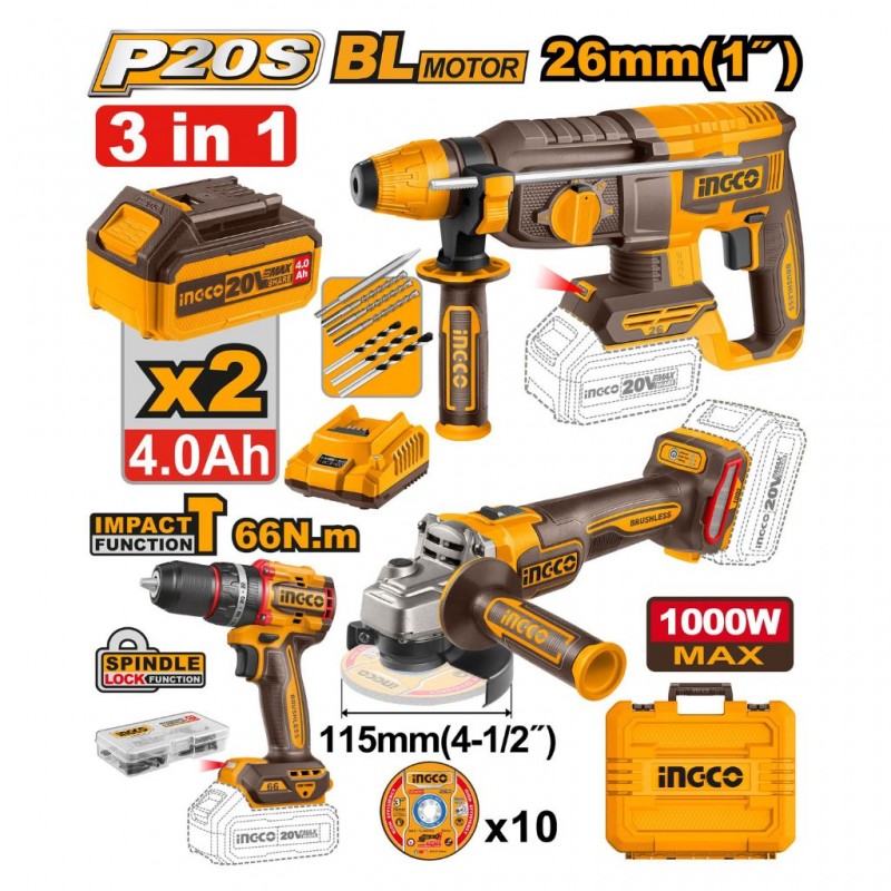 INGCO 3-in-1 Cordless Combo Kit (COSLI241198) – Includes Drill/Driver, Impact Driver, and Angle Grinder, P20S Lithium-Ion System, Ergonomic Design for Versatile Construction and Maintenance Applications.