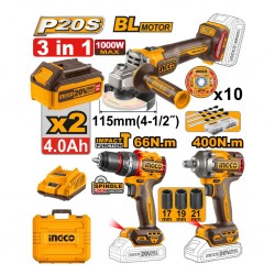 INGCO 3-Piece Cordless Combo Kit (COSLI241291) – Includes Drill/Driver, Angle Grinder, and Rotary Hammer, P20S Lithium-Ion Compatible, Engineered for High-Performance Versatility in Professional and DIY Construction.