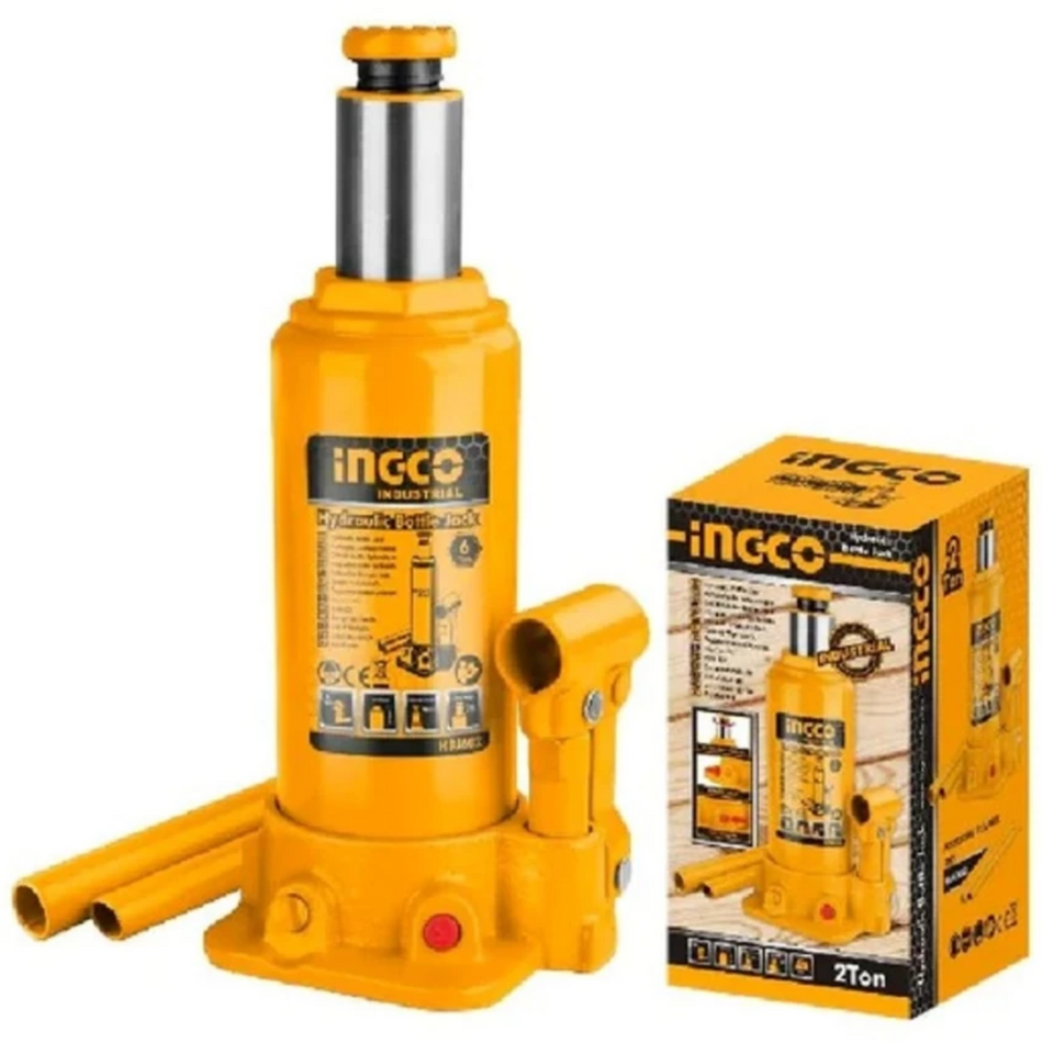 INGCO 2-Ton Compact Hydraulic Bottle Jack – Built-In Overload Safety Valve, 181mm Minimum Clearance, 345mm Max Lifting Height, and Heavy-Duty Steel Base (HBJ202)