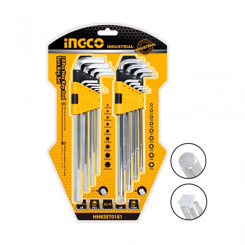 Ingco 18-Piece Professional Long Arm Hex & Torx Key Set | Premium Cr-V Metric Allen Wrench and Star Key Kit with Storage Organizers (HHKSET0181)