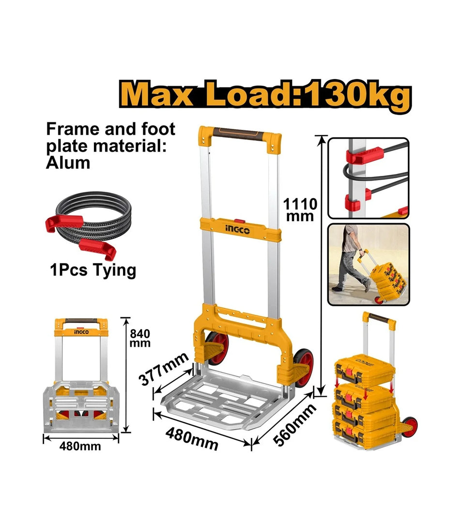 INGCO 130kg Foldable Heavy-Duty Hand Truck Trolley – Lightweight Aluminum Alloy Frame, Space-Saving Telescopic Folding Design, Rubber-Tread Wheels, and Included Bungee Cord (HHWB61201)