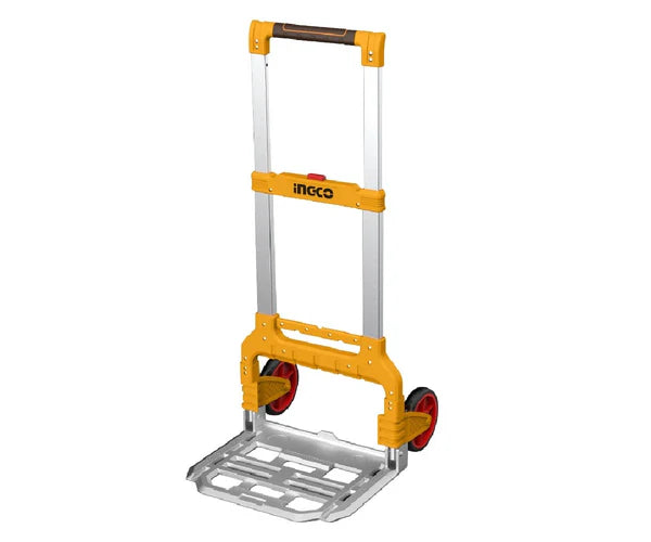 INGCO 130kg Foldable Heavy-Duty Hand Truck Trolley – Lightweight Aluminum Alloy Frame, Space-Saving Telescopic Folding Design, Rubber-Tread Wheels, and Included Bungee Cord (HHWB61201)