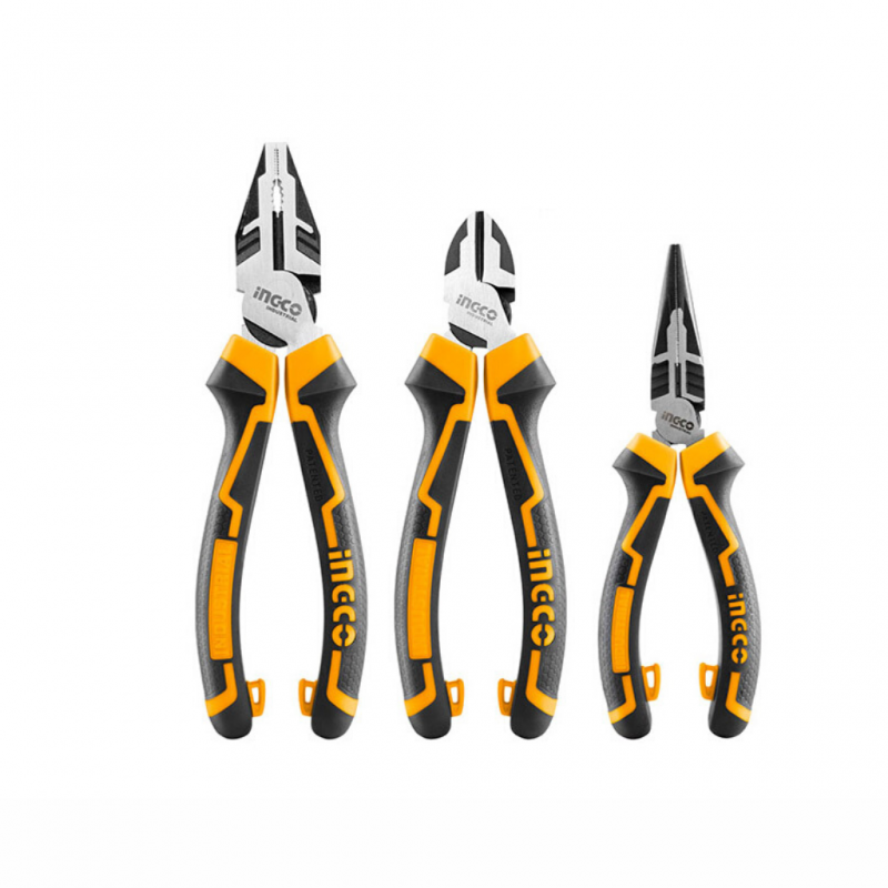 Ingco 3-Piece Industrial High-Leverage Pliers Set | Premium Cr-V Forged Combination, Diagonal Cutting & Long Nose Plier Trio with 30% Effort-Saving Pivot Layout (HKHLPS2831)