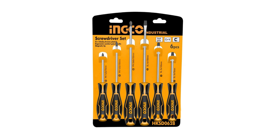 Ingco 6-Piece Industrial Screwdriver Set | Premium S2 Alloy Steel Slotted & Phillips Magnetized Drivers with Ergonomic Soft Grip Handle Layout (HKSDS0628)
