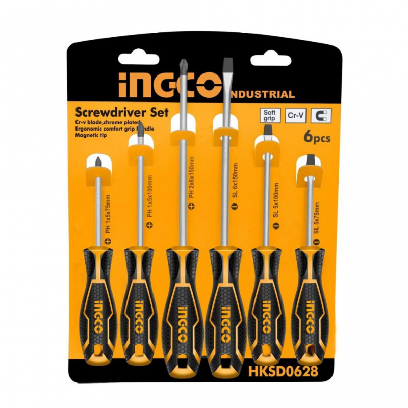INGCO 6-Piece Heavy-Duty Screwdriver Set – Premium Chrome Vanadium (Cr-V) Round Blades, High-Torque Magnetic Tips, and Ergonomic Non-Slip Soft Grips (HKSD0628)