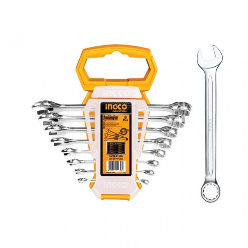 Ingco 8-Piece Combination Spanner Set | Chrome-Vanadium Steel Metric Wrench Kit with Plastic Display Hanger (HKSPA1088)