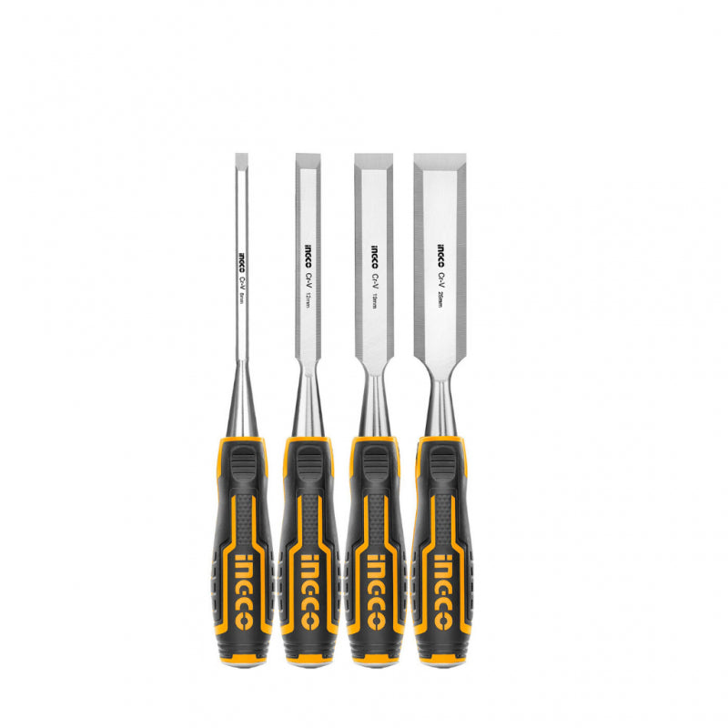Ingco 4-Piece Wood Chisel Set | Carbon Steel Blades with Ergonomic High-Impact Grips (HKTWC0401)