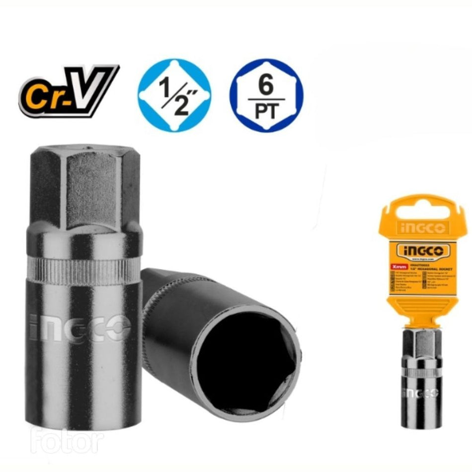 Ingco 1/2-Inch Drive 16mm Spark Plug Socket | Premium Chrome Vanadium Steel Deep Magnetic Mechanics Socket for Automotive Maintenance (HSPS12161)